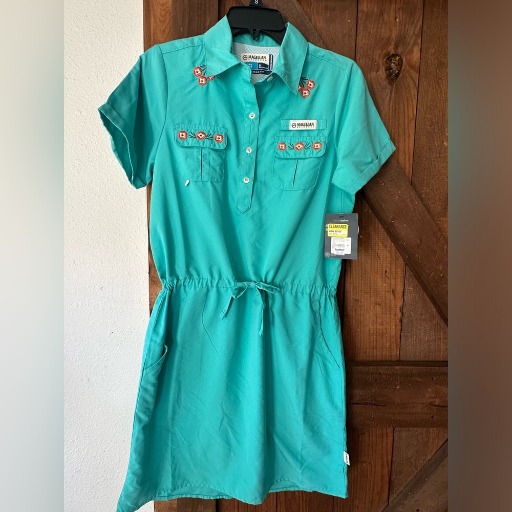 Magellan Outdoors Turquoise Short-Sleeve Shirt Dress with Embroidered Accents